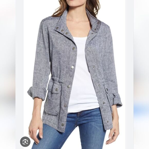 Nordstrom CASLON 100% LINEN Cinch Waist Utility Summer Jacket Size Xl - Picture 3 of 13